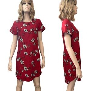 Banana Republic Shift Dress Red Hibiscus Print Fluted Sleeve Rounded Hemline
